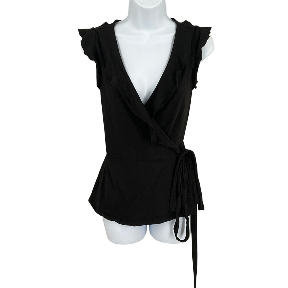Boden Wrap Top Women Sz 4 Black Cotton Ruffle Cap Sleeve Balletcore Feminine*